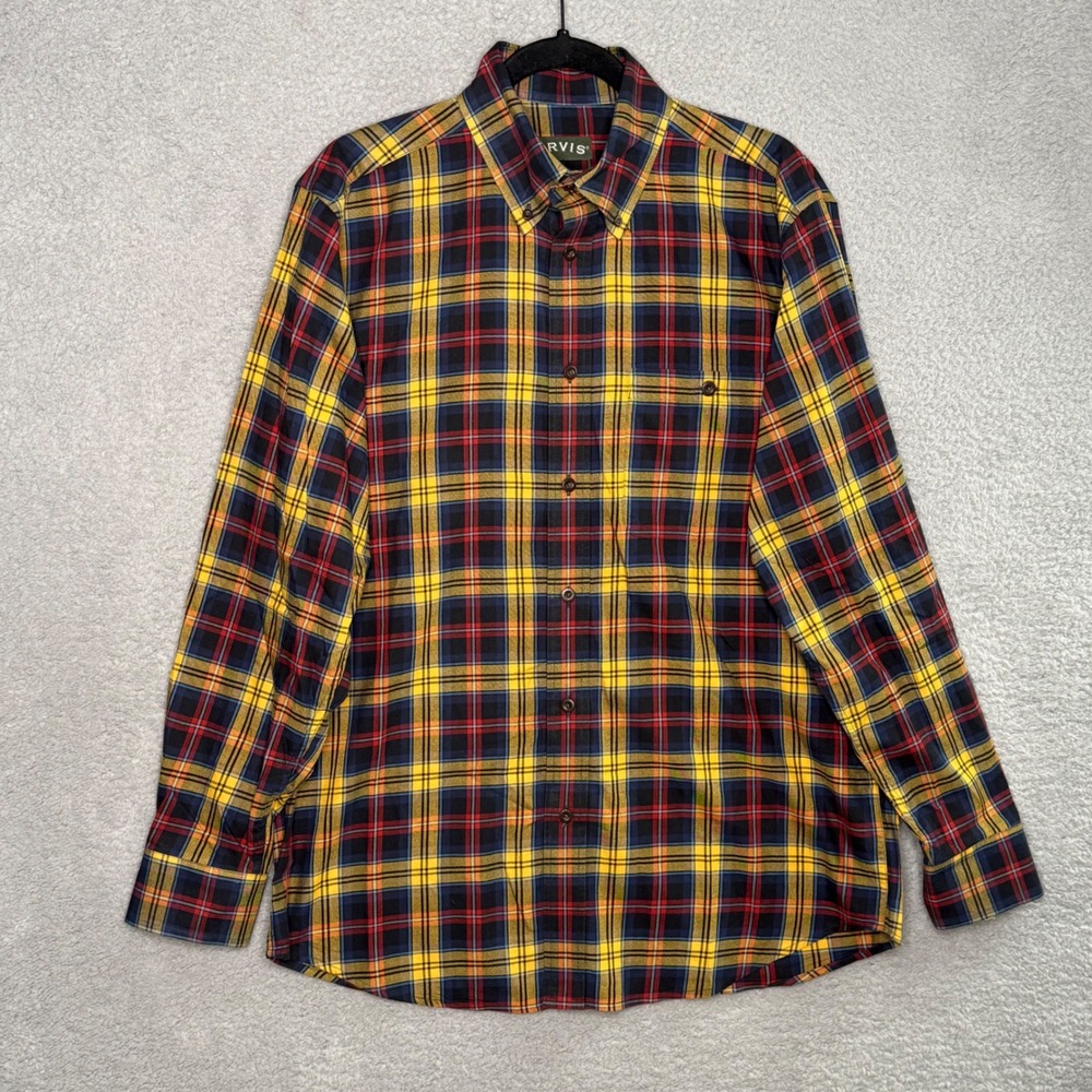 Orvis Mens Yellow Navy Plaid Cotton Button Down Shirt Style 2CN2 L